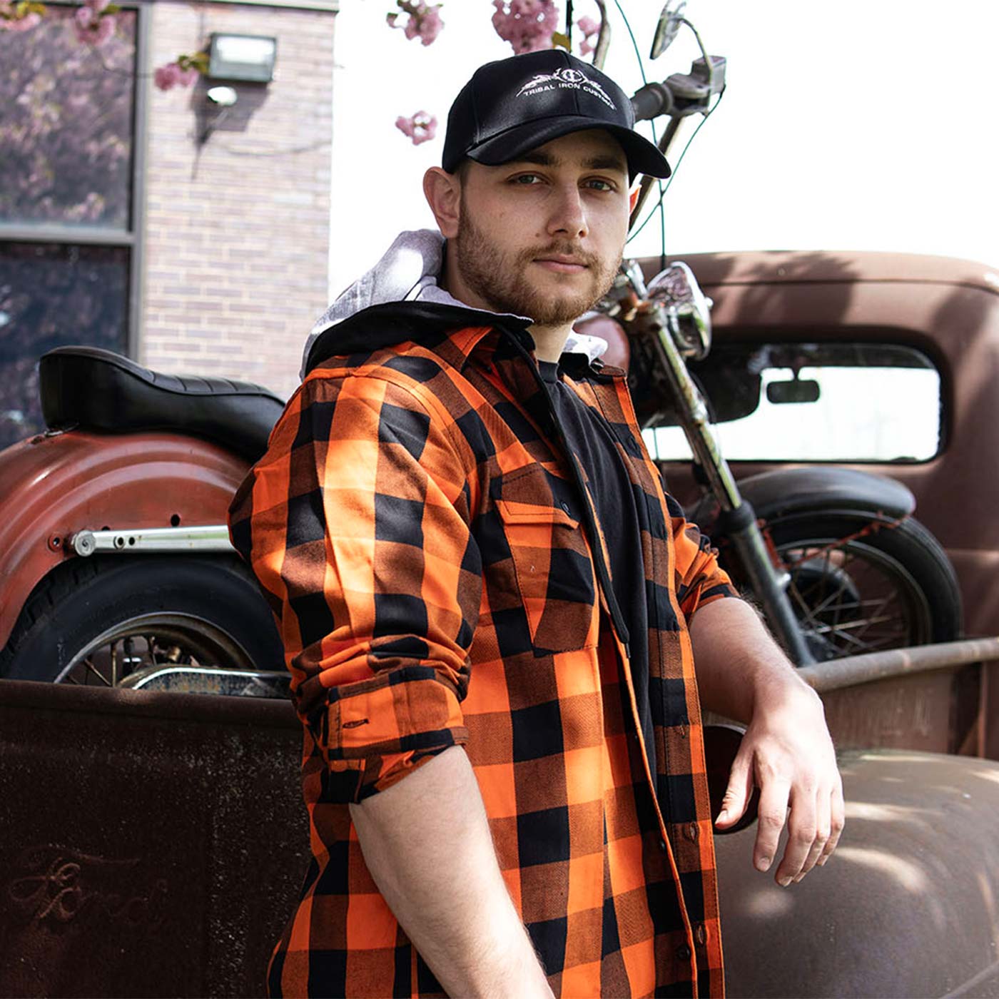 Milwaukee Leather MNG11642 Men's Flannel Plaid Orange and Black Long Sleeve Cotton Button Down Shirt w/ Hoodie