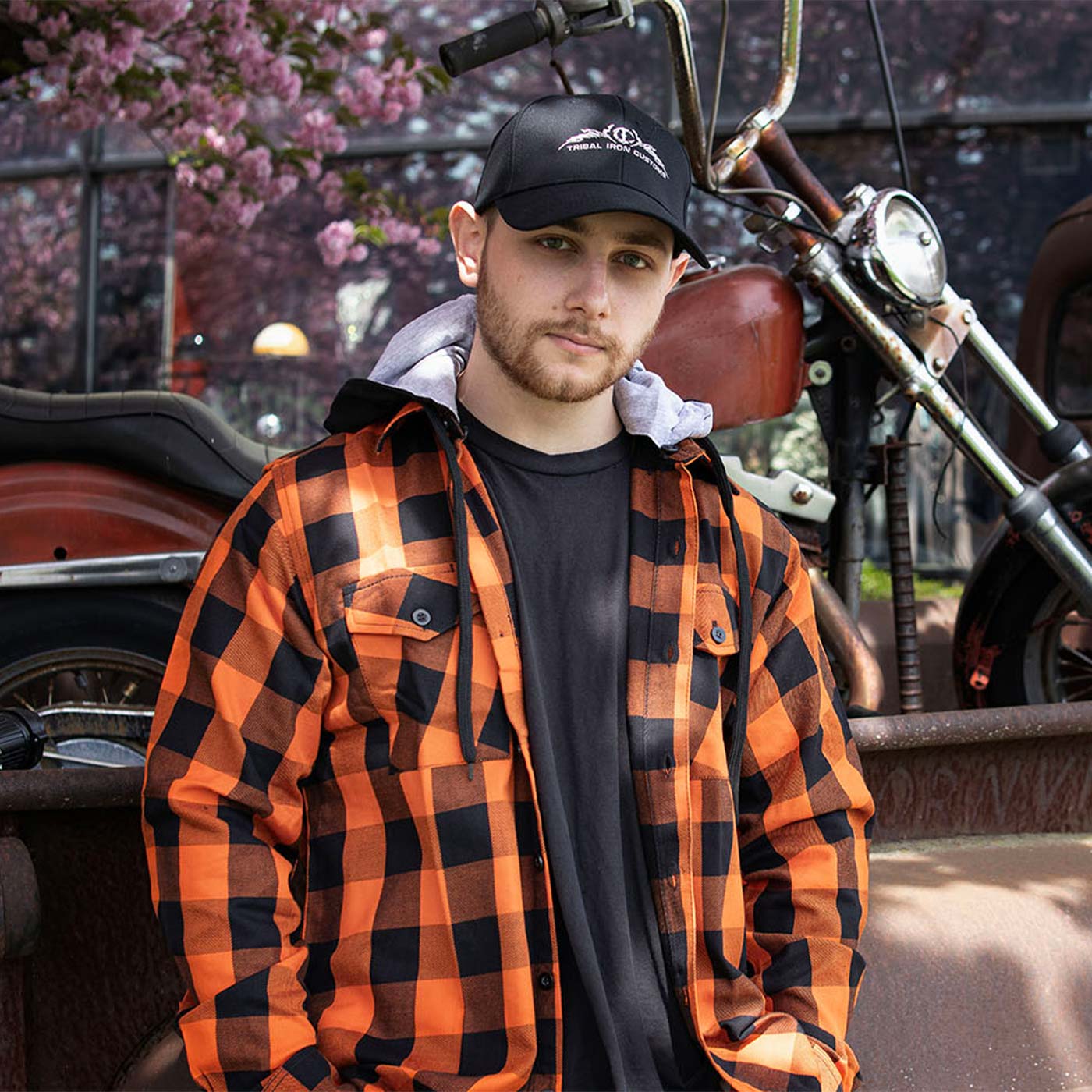 Milwaukee Leather MNG11642 Men's Flannel Plaid Orange and Black Long Sleeve Cotton Button Down Shirt w/ Hoodie