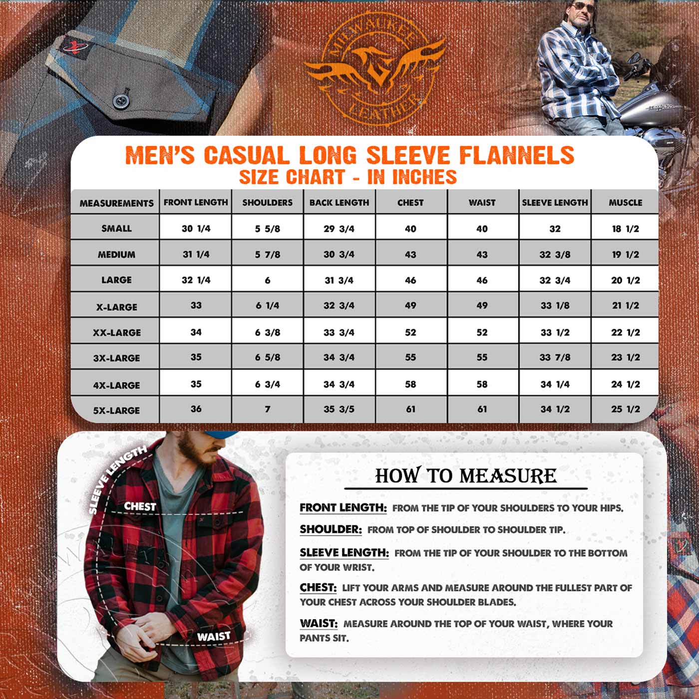 Milwaukee Leather MNG11642 Men's Flannel Plaid Orange and Black Long Sleeve Cotton Button Down Shirt w/ Hoodie