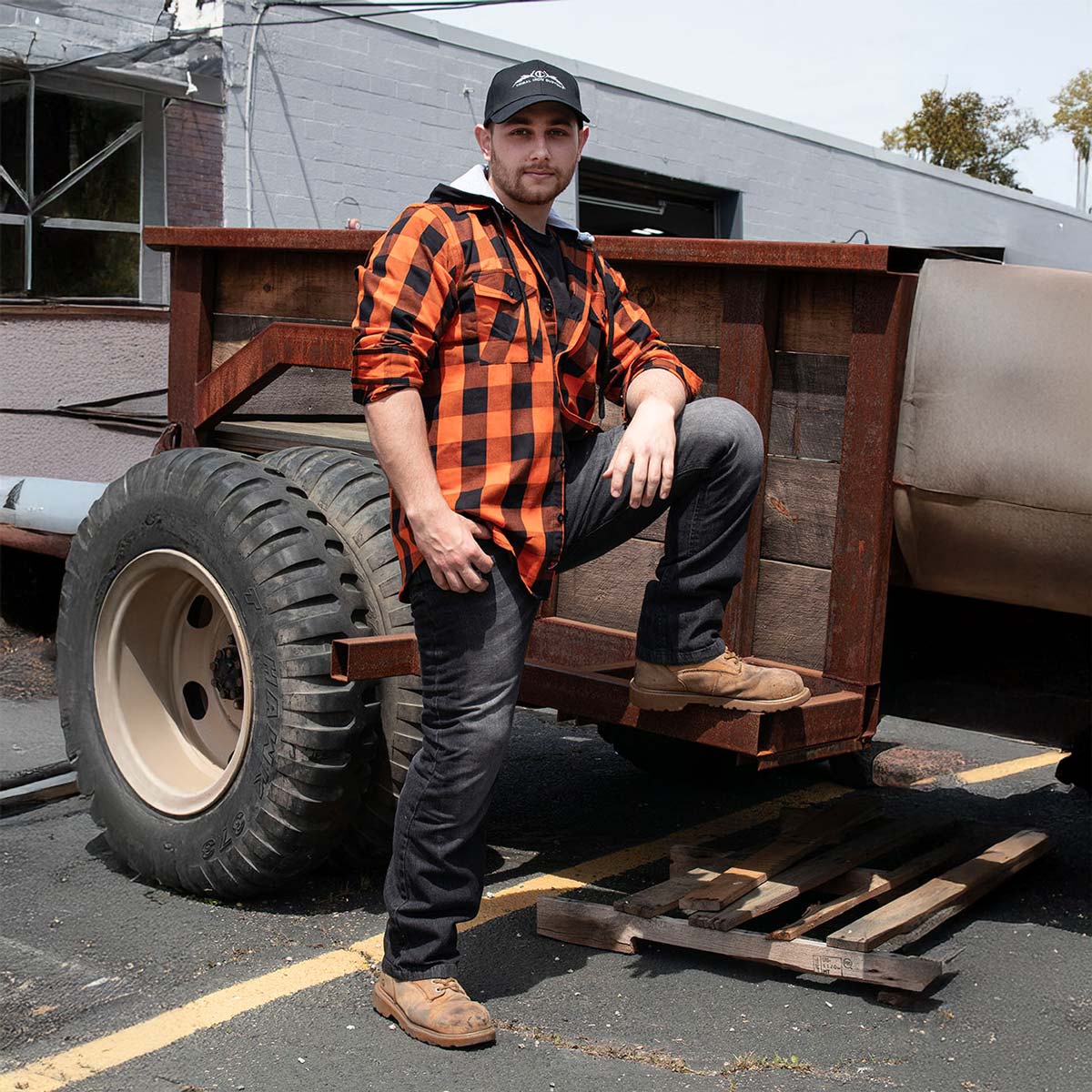 Milwaukee Leather MNG11642 Men's Flannel Plaid Orange and Black Long Sleeve Cotton Button Down Shirt w/ Hoodie