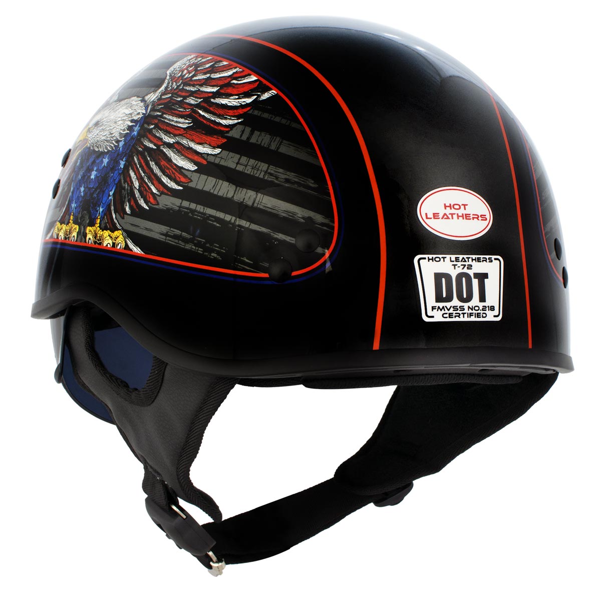 Hot Leathers HLD1037 Gloss Black Up Wing Eagle USA Advanced DOT Unisex Half Helmet w/ Drop Down Visor