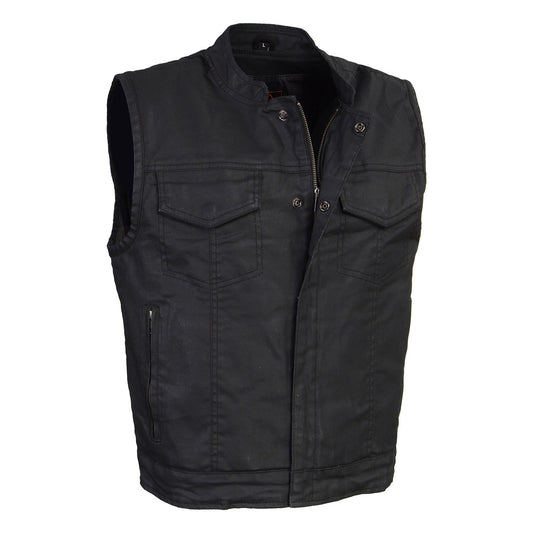 Milwaukee Leather MDM3025 Men’s Black Waxy Coated Denim Club Style Motorcycle Rider Vest w/ Shirt Collar