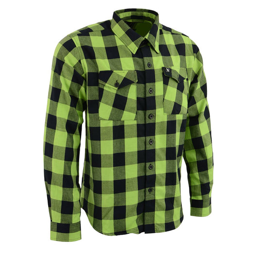 Milwaukee Leather MNG11632 Men's Flannel Plaid Black and Neon Green Long Sleeve Cotton Button Down Shirt