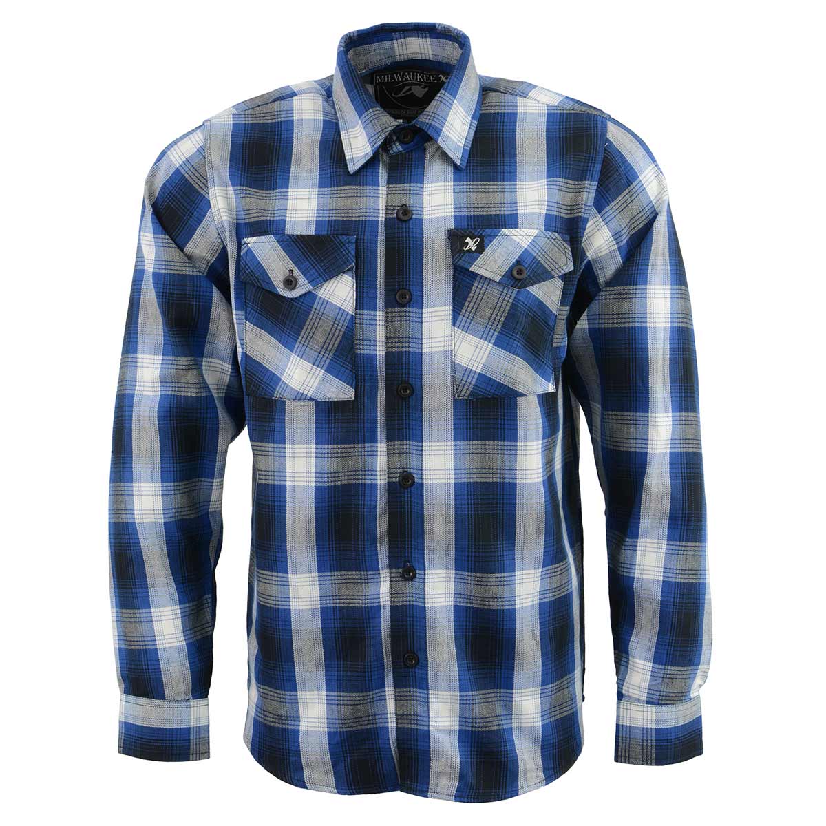 Milwaukee Leather MNG11635 Men's Flannel Plaid Blue and White Long Sleeve Cotton Button Down Shirt