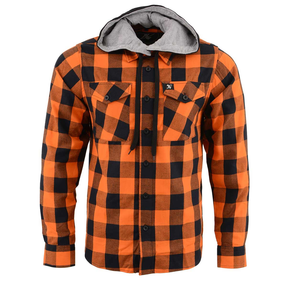 Milwaukee Leather MNG11642 Men's Flannel Plaid Orange and Black Long Sleeve Cotton Button Down Shirt w/ Hoodie