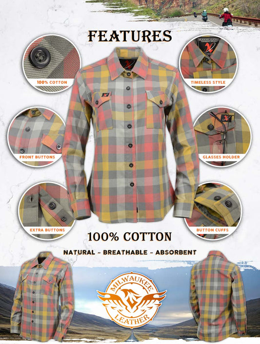 Milwaukee Leather MNG21614 Women's Gray and Red with Yellow Long Sleeve Cotton Flannel Shirt