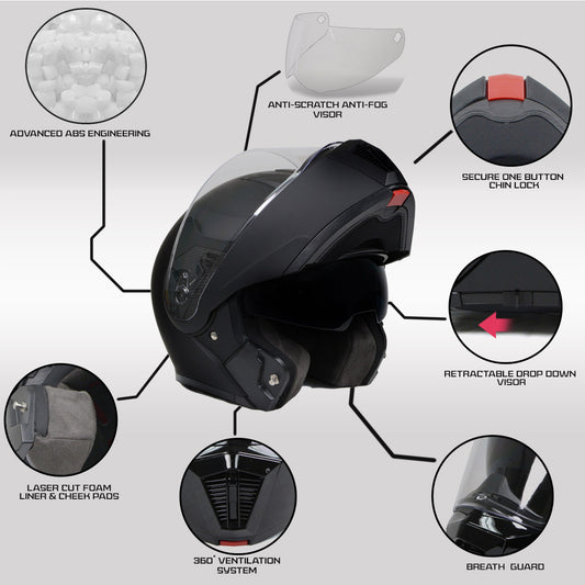 Milwaukee Helmets MPH9812DOT Flat Black Menace Advanced Motorcycle Modular Helmet Biker w/ Drop Down Visor