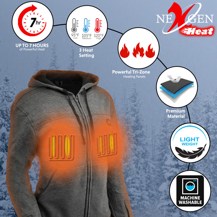 Nexgen Heat MPL2717DUAL Technology Women's Heated Hoodie - Grey Sweatshirt Jacket for Winter Season