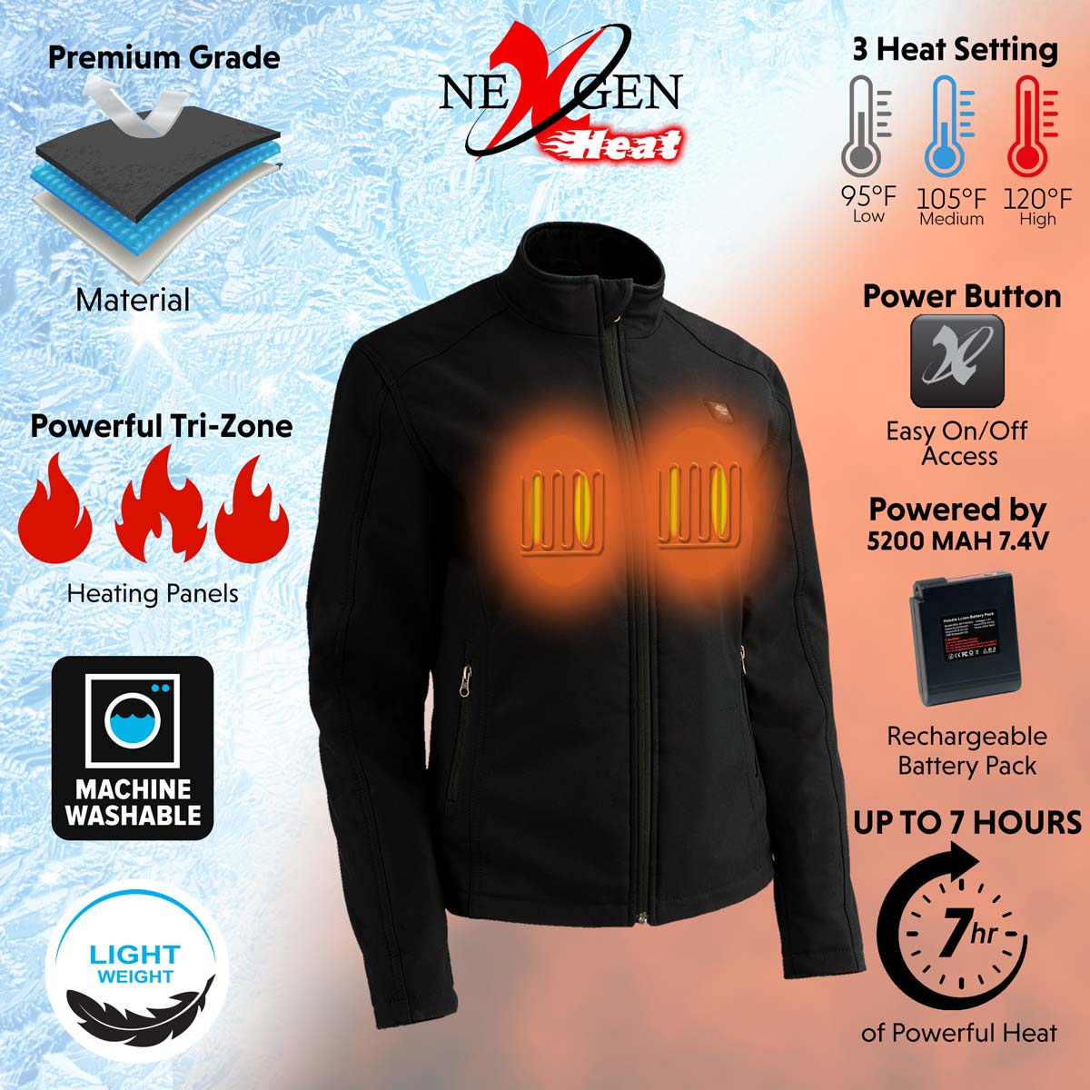 Nexgen Heat NXL2760SET Women's Black 'Heated' Soft Shell Jacket Front Zipper - Warming Jacket for Hiking Riding