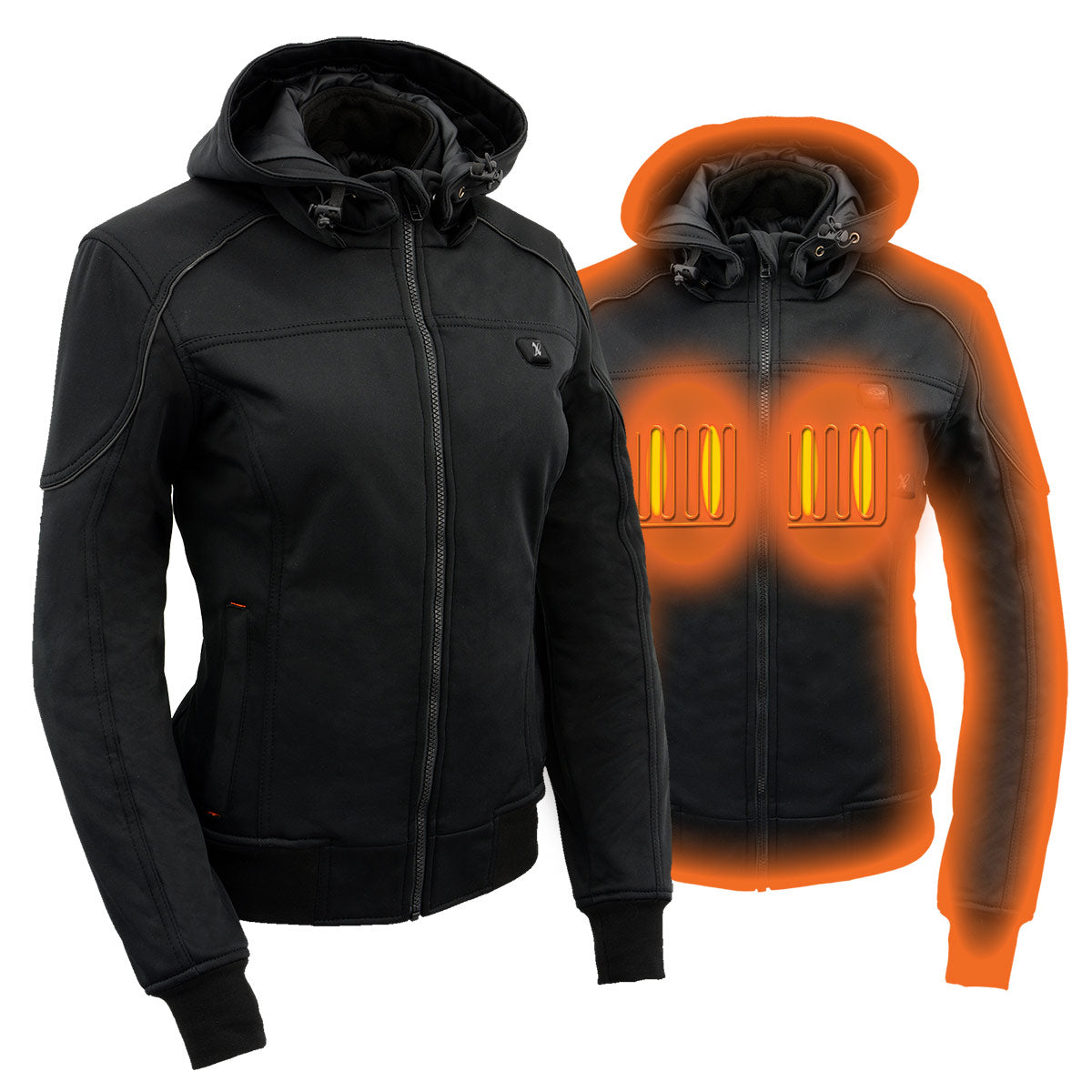 Nexgen Heat MPL2761SET Women's Black Soft Shell Racing Style Heated Jacket Powered by Rechargeable 10000mAh Battery Included