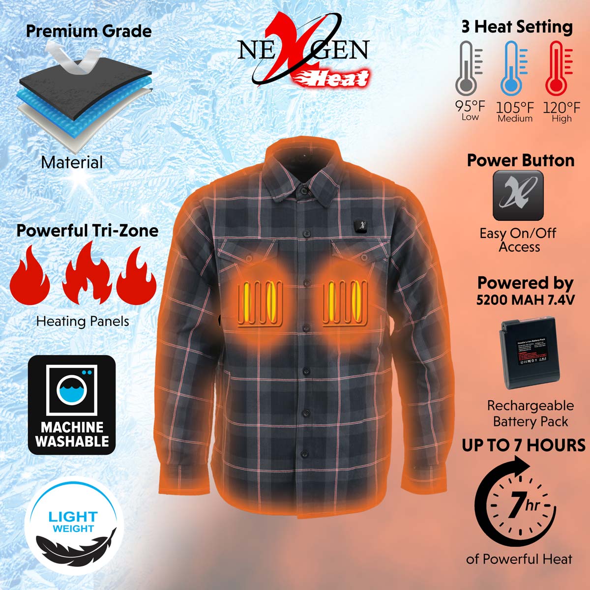 NexGen Heat Men's NXM1602SET Riffraff Black/Grey/Red Heated Flannel Sleeve Shirt for Outdoor Activities