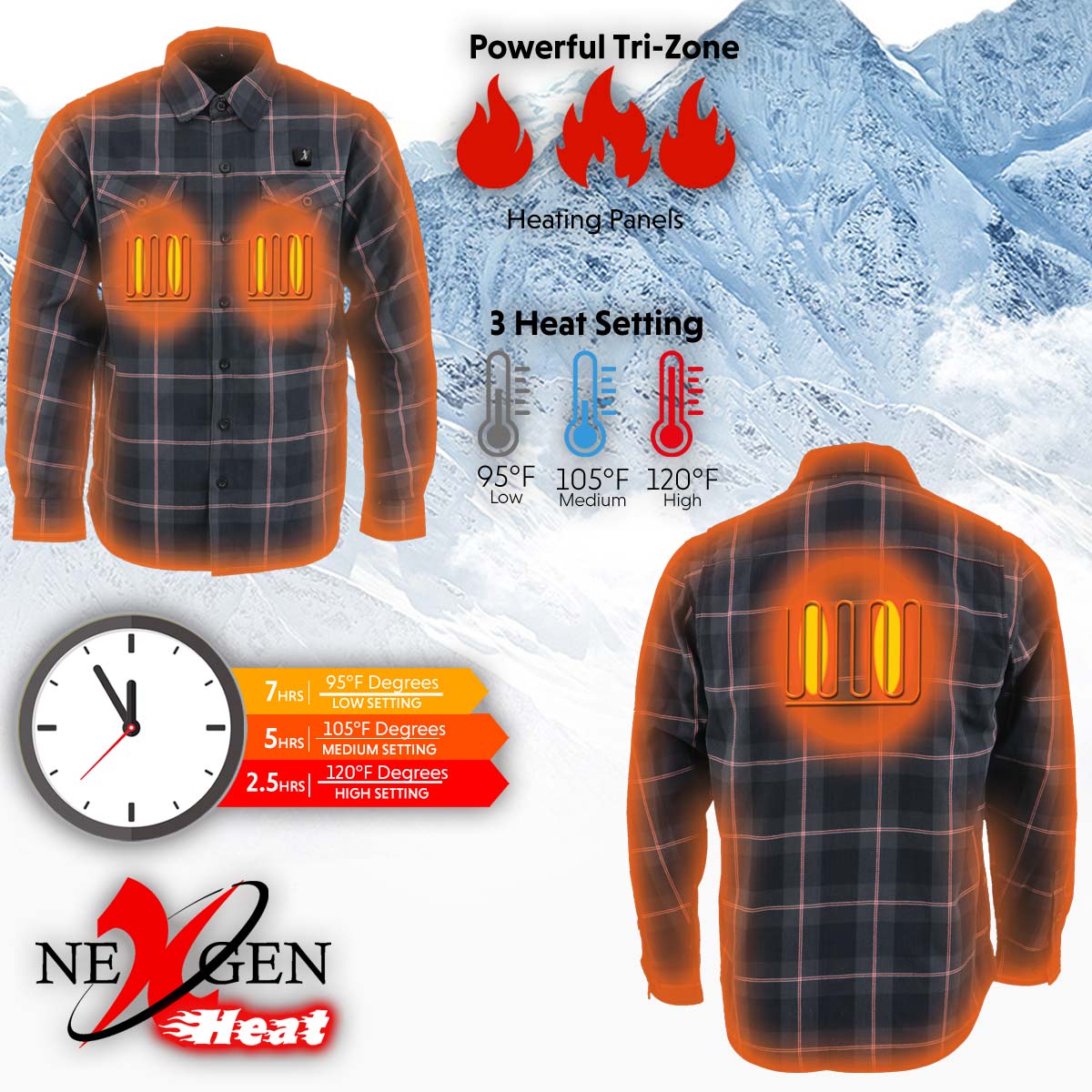 NexGen Heat Men's NXM1602SET Riffraff Black/Grey/Red Heated Flannel Sleeve Shirt for Outdoor Activities