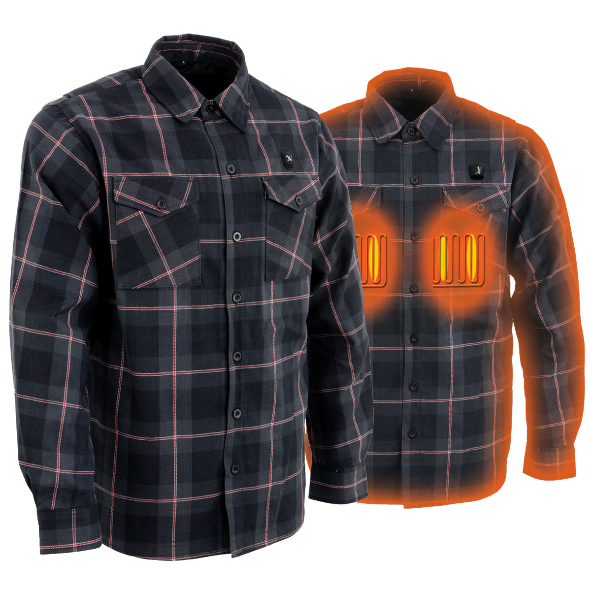 Nexgen Heat Nxm1602set Men's 'Riffraff' Black, Grey/Red Heated Flannel Long Sleeve Shirt (Rechargeable Battery Pack Included)