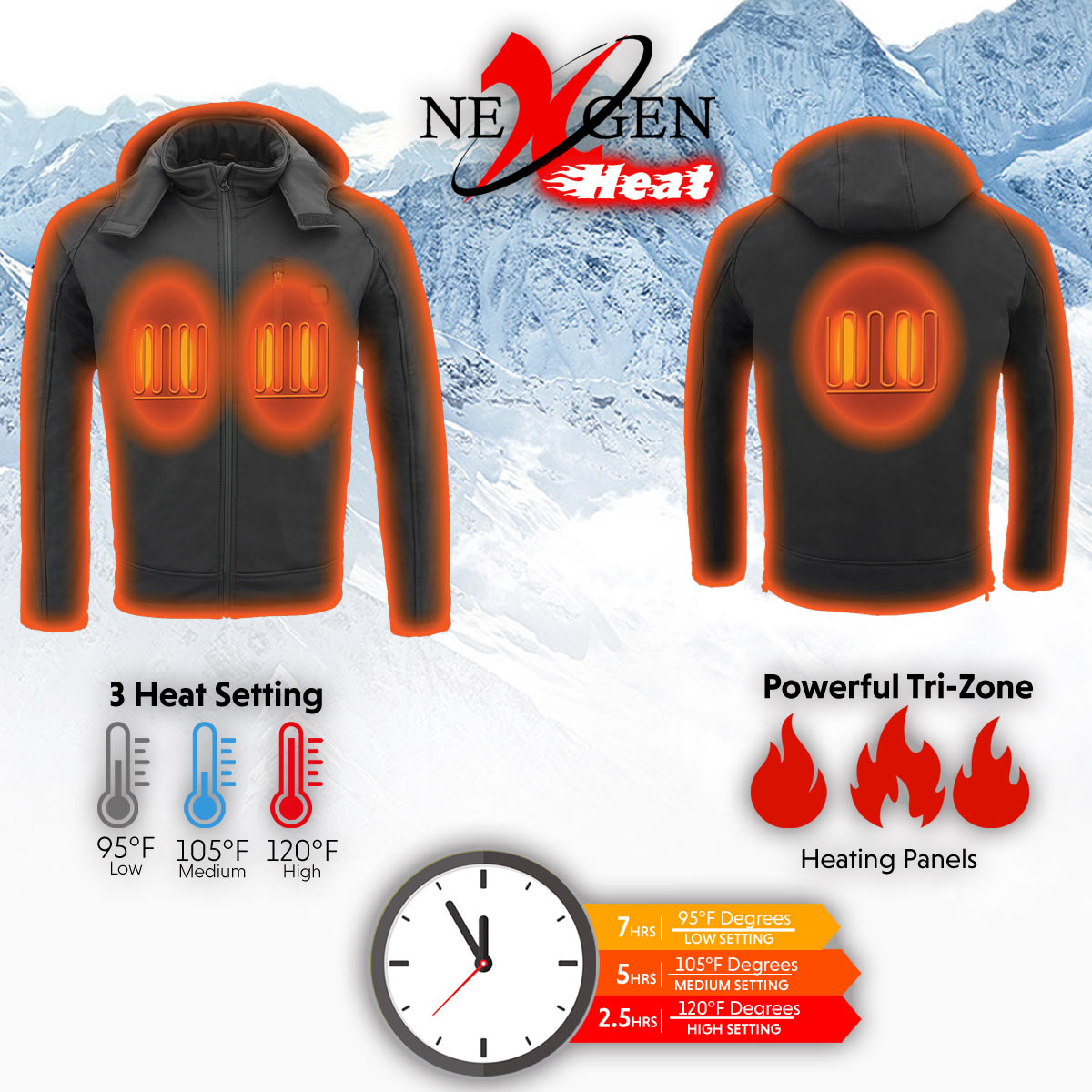 Nexgen Heat MPM1767SET Men's Black 'Heated' Soft Shell Hooded Zipper Front Jacket with Detachable Hood
