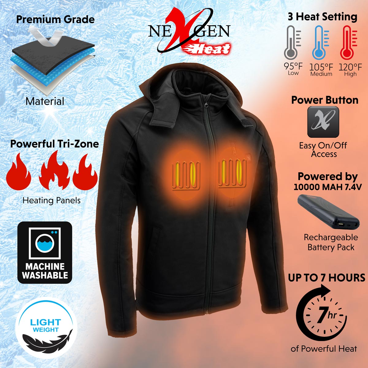 Nexgen Heat MPM1767SET Men's Black 'Heated' Soft Shell Hooded Zipper Front Jacket with Detachable Hood