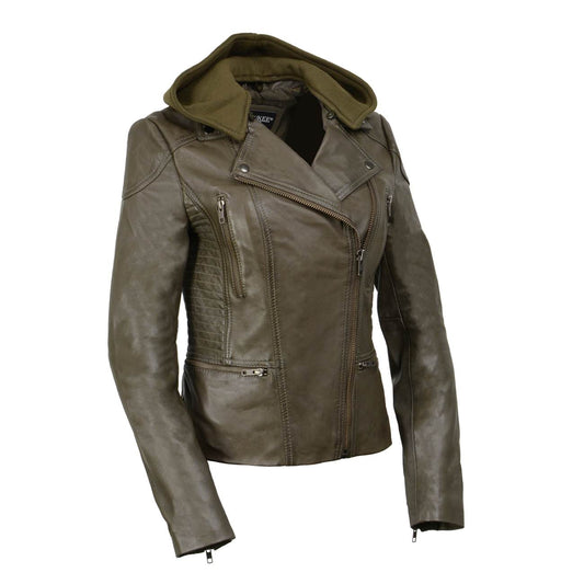 Milwaukee Leather SFL2815 Womens Olive Motorcycle Style Leather Jacket with Hoodie and Asymmetrical Zipper</